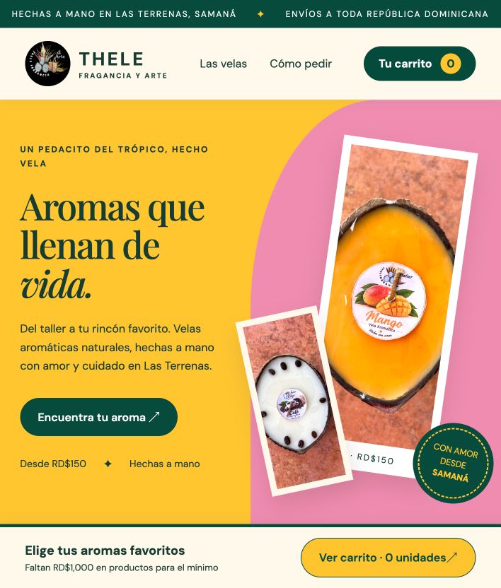 Captura real de la web Thele: velas de mango y café, diseño tropical y carrito visible